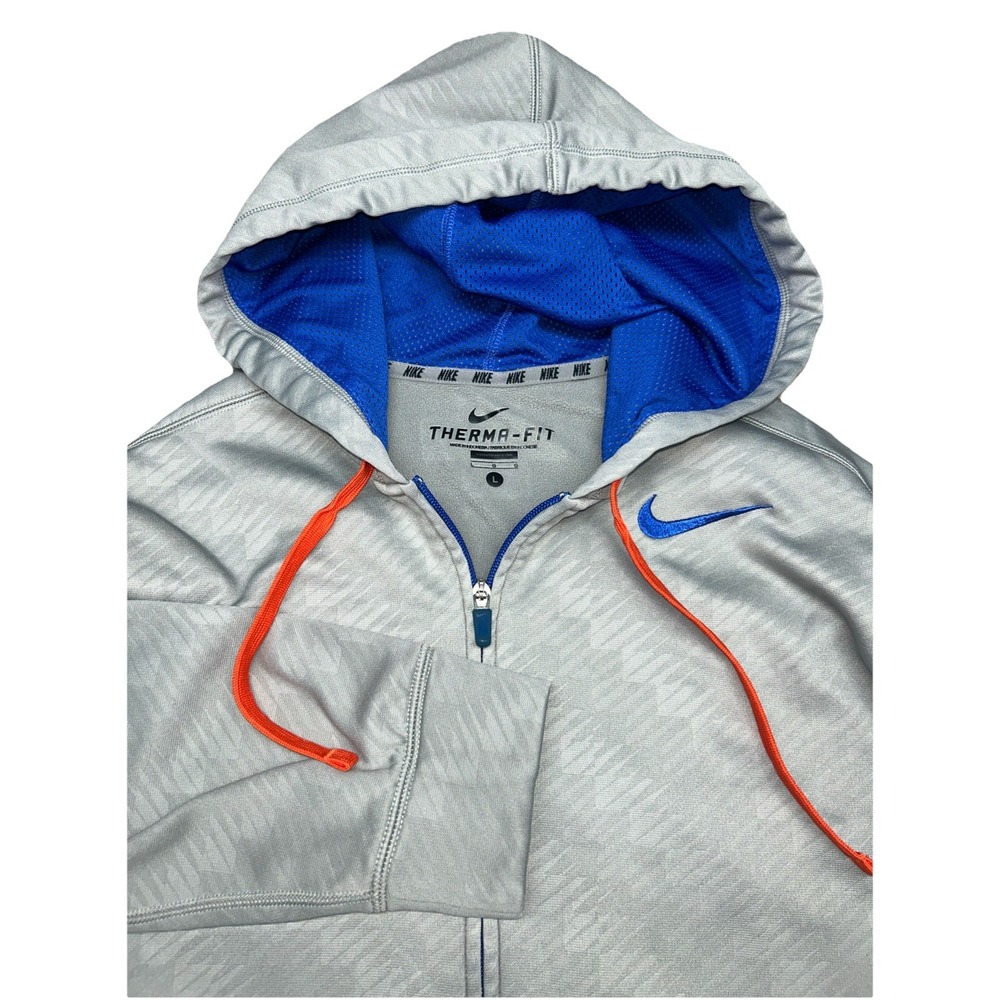Nike Therma Fit Men's Large Full Zip Hoodie,‎ Grey Orange Blue, Blue Swoosh
